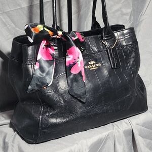 Coach Maggie Black Croc Embossed Leather Tote Bag Shoulderbag Purse